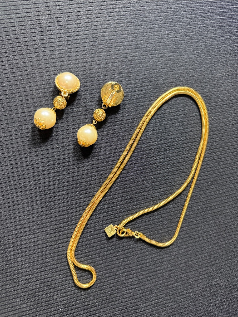 Anne Klein Gold-Tone Pearl Drop Earrings with Gold Snake Chain Necklace